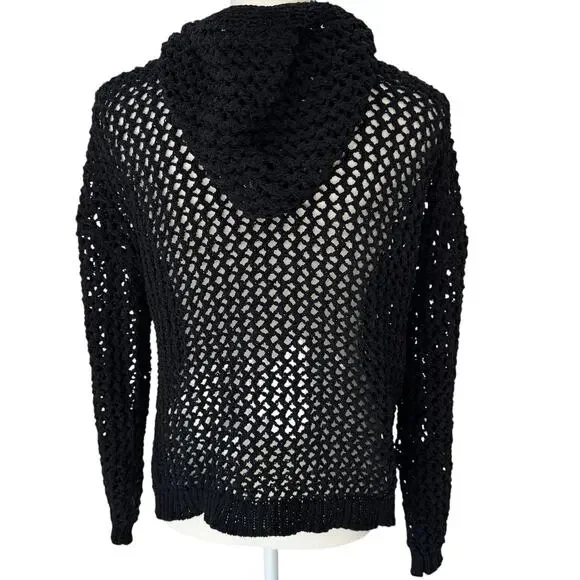NICOLE MILLER ARTELIER Sweater Womens Medium Black Crochet Hoodie Vacation - Picture 2 of 11